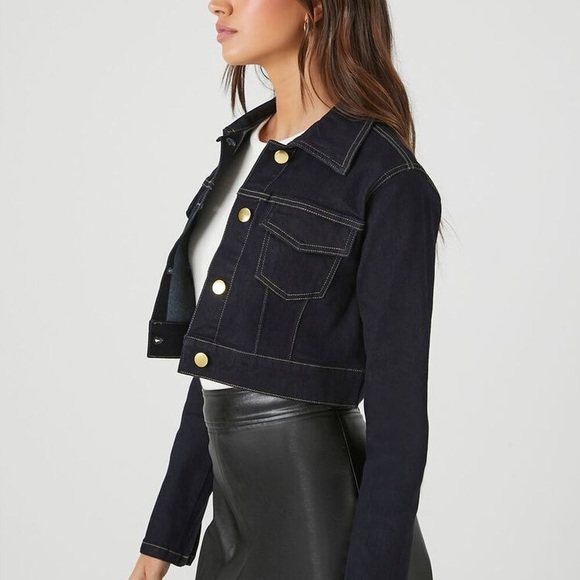 Cropped Denim Dark Wash Trucker Jacket Stretch Knit Comfy Size XS Lightweight - Picture 2 of 7